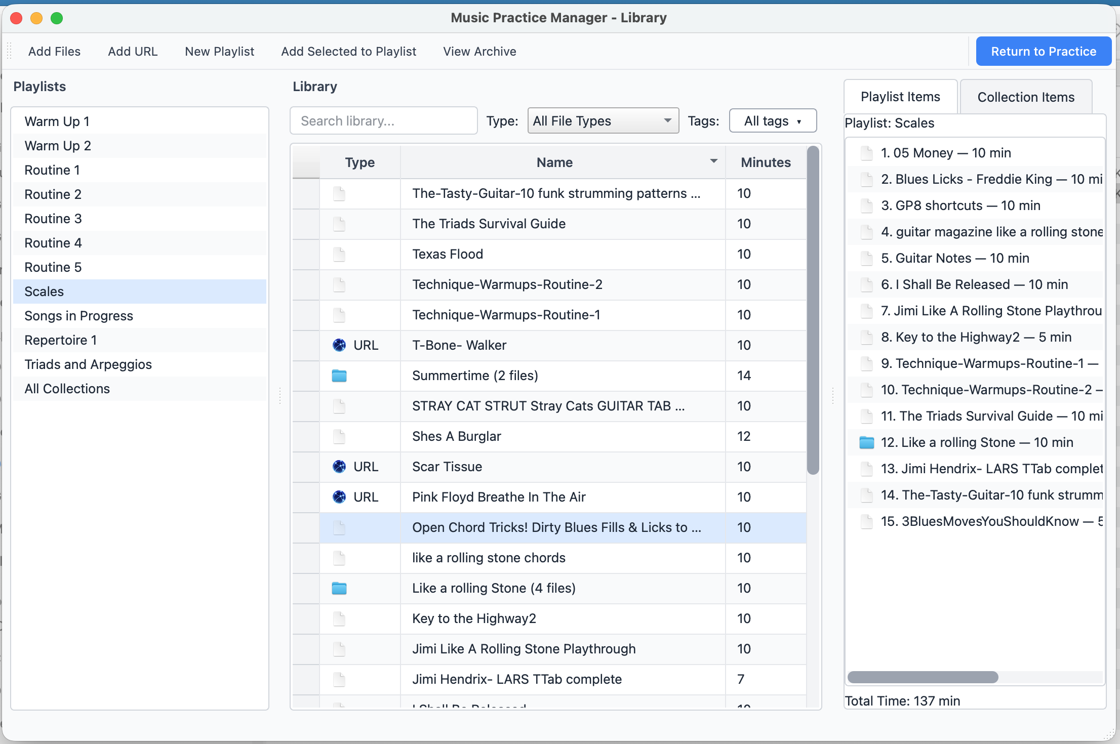 Music Practice Manager interface showing playlists and library management